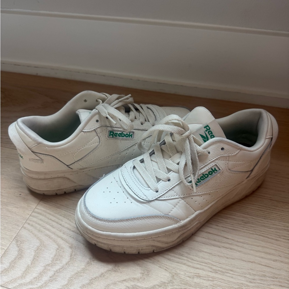 Reebok White Leather Sneakers with Green Logo Accents